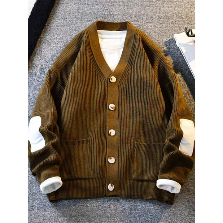 Herren Oversized Strickcardigan mit Ellenbogen-Patches und aufgesetzten Taschen Drune