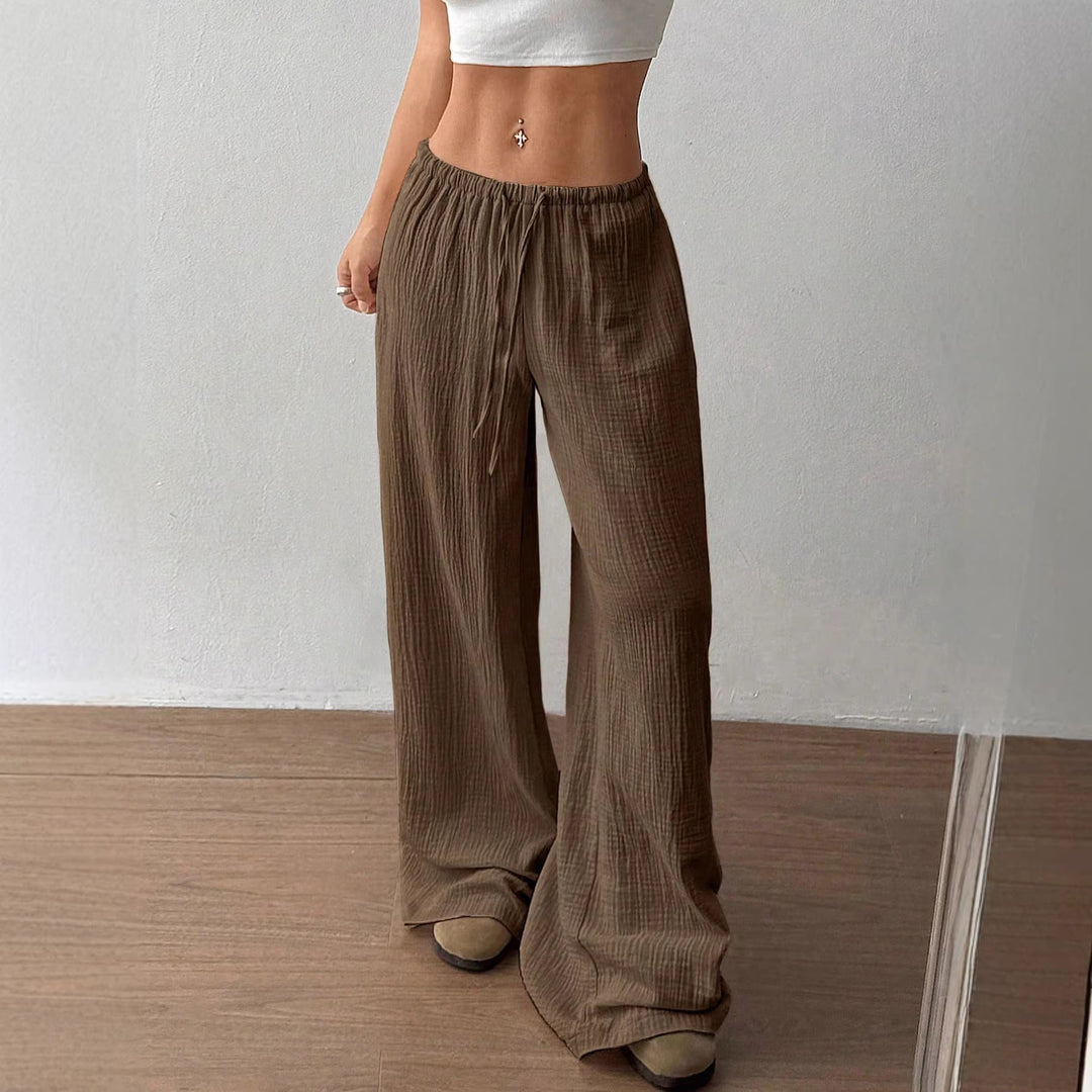 Damen Weite Baumwoll-Gauze-Hose mit hohem Bund, Gummizug und Kordelzug Drune