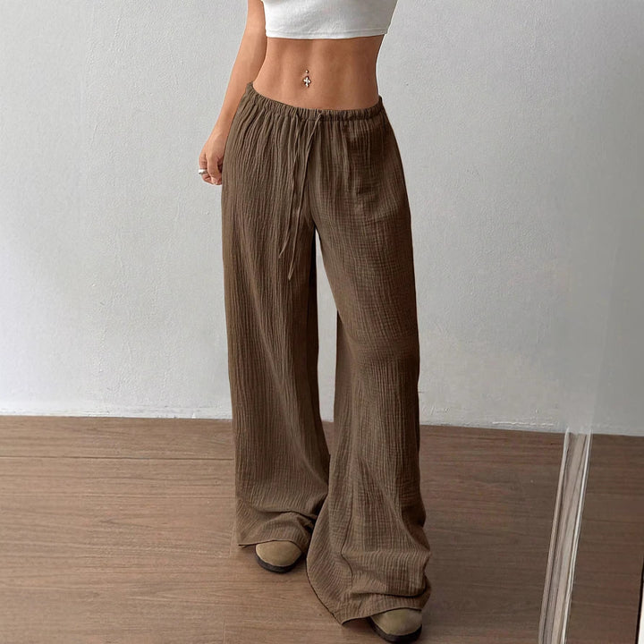 Damen Weite Baumwoll-Gauze-Hose mit hohem Bund, Gummizug und Kordelzug Drune