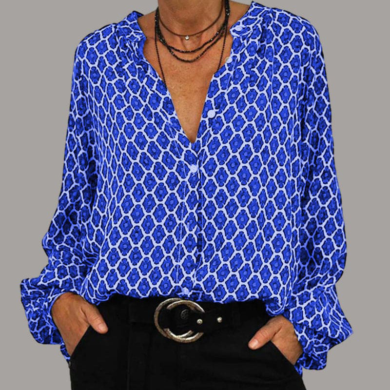 Damen Loose Fit Viskose-Mix Bluse mit V-Ausschnitt, Knopfblende und Ballonärmeln Drune
