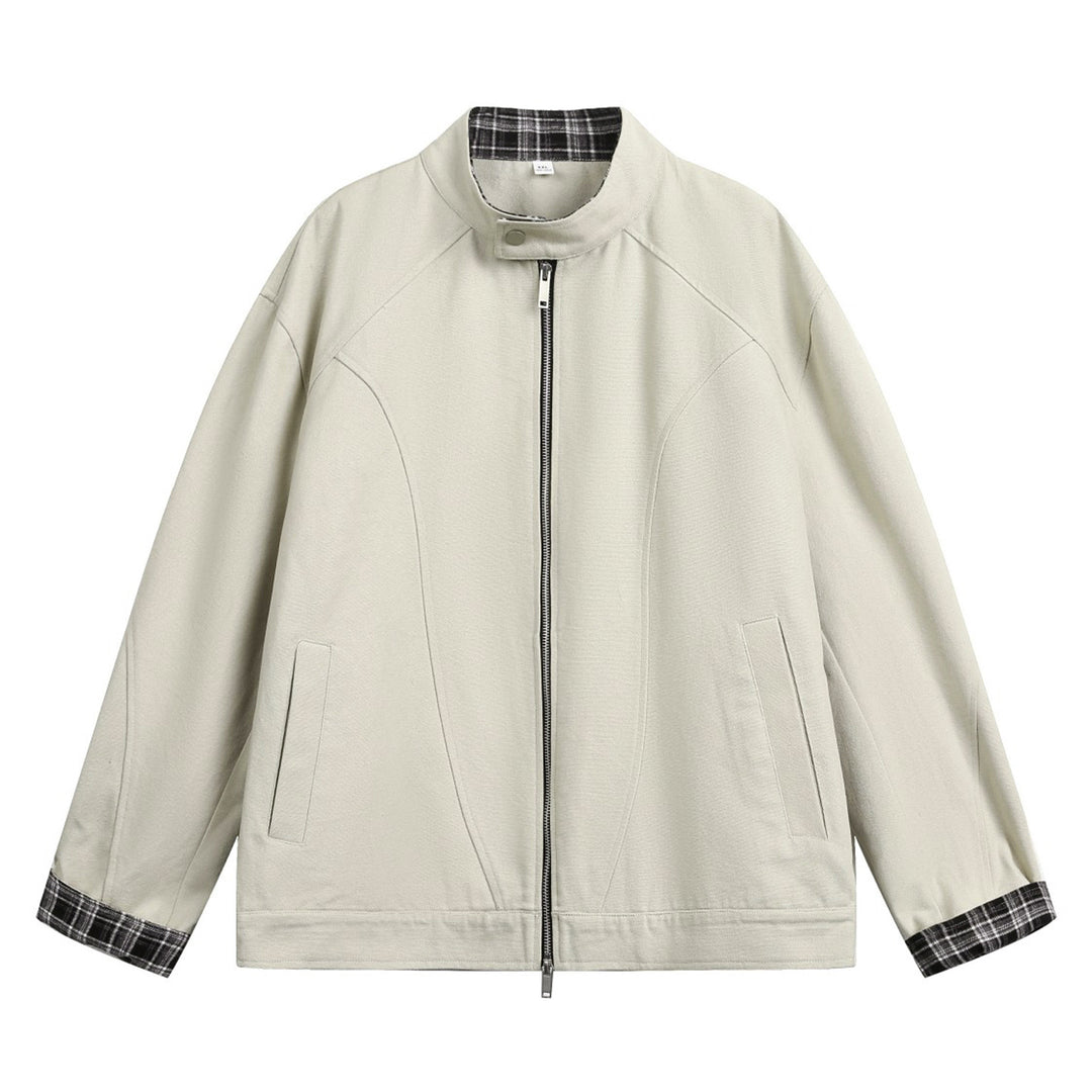 Unisex Boxy-Übergangsjacke mit Stehkragen kariertem Innenfutter und Zweiwege-Reißverschluss Drune