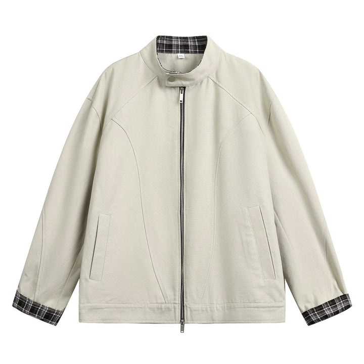 Unisex Boxy-Übergangsjacke mit Stehkragen kariertem Innenfutter und Zweiwege-Reißverschluss Drune