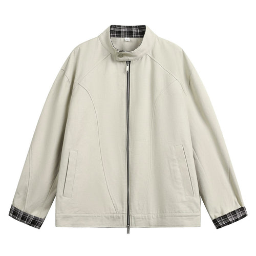 Unisex Boxy-Übergangsjacke mit Stehkragen kariertem Innenfutter und Zweiwege-Reißverschluss Drune