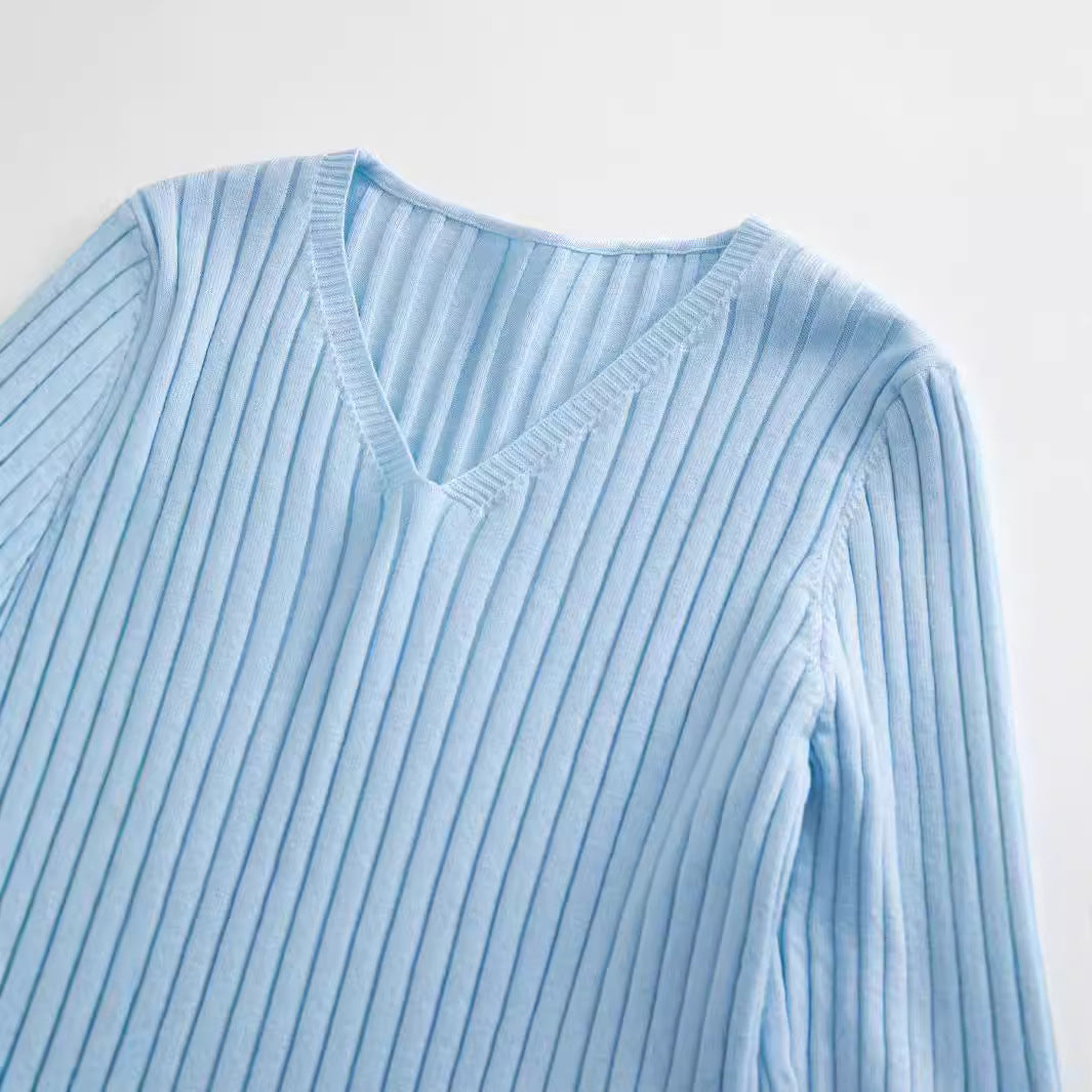 Damen Feines V-Ausschnitt Strickoberteil im Rippdesign Drune