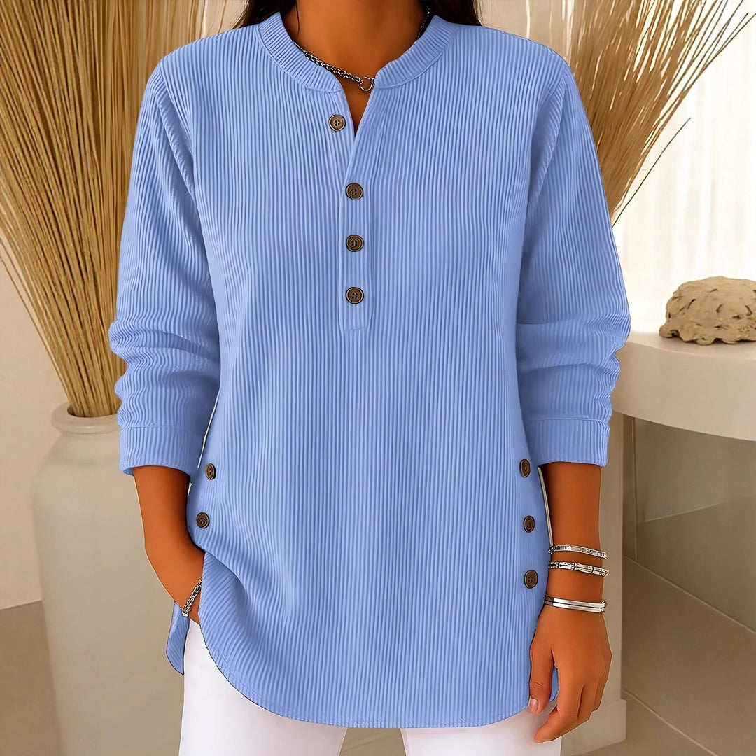 Damen nan plissee Tunika-Bluse mit Stehkragen, Knopfleiste und seitlichen Zierknöpfen Drune