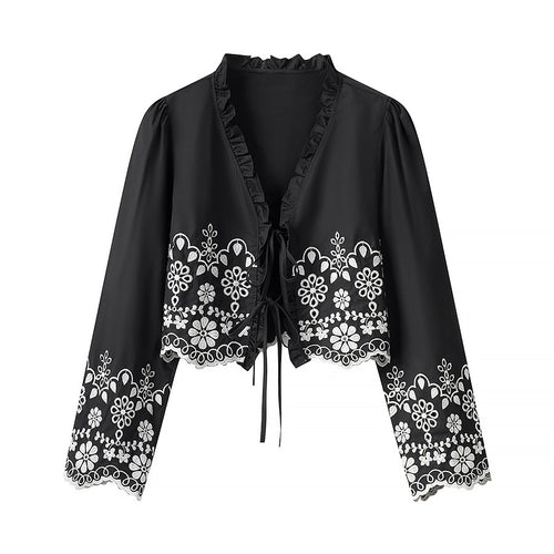 Damen elegante Bluse mit floralen Stickereien und Rüschen Drune