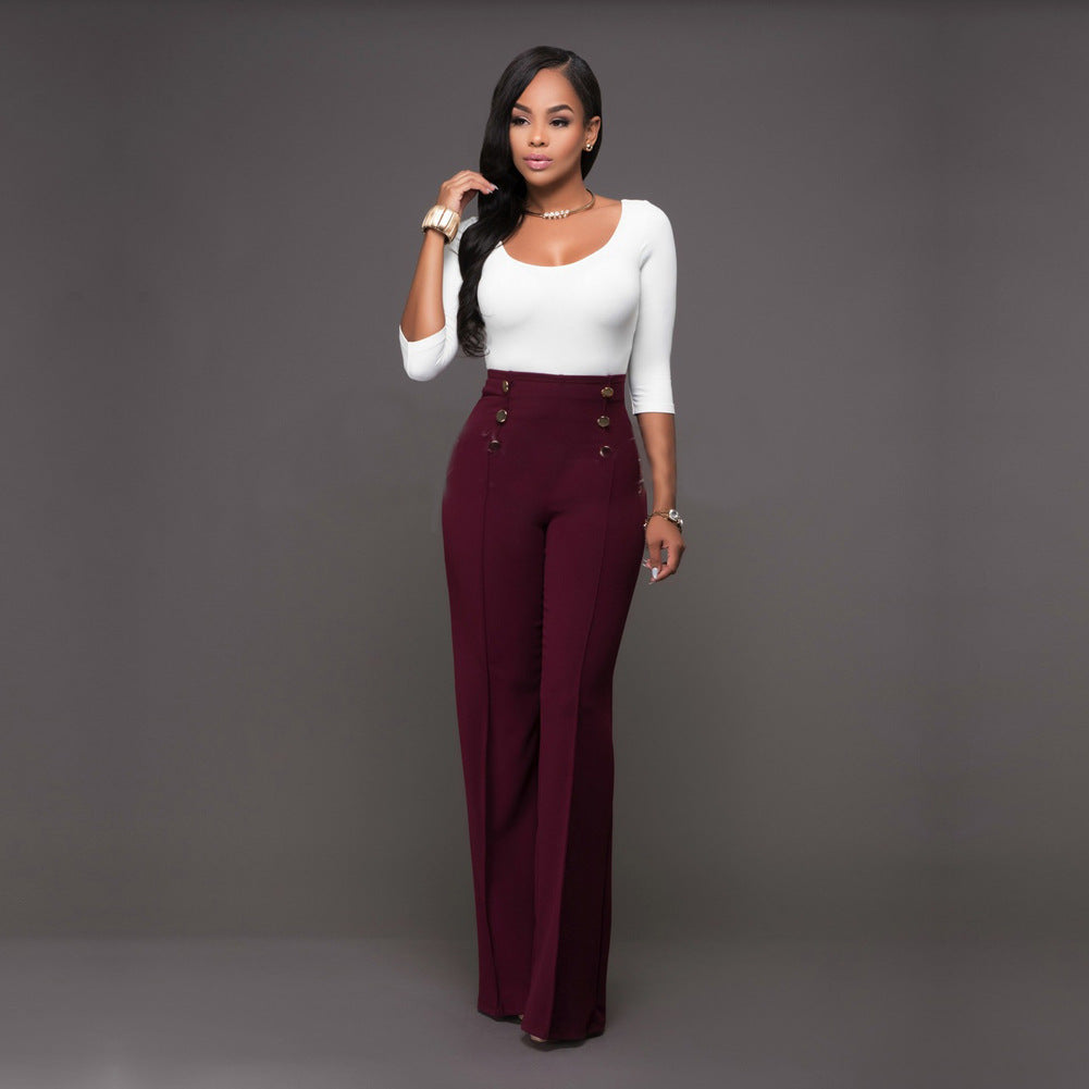 Damen hochtaillierte Palazzo-Hose mit dekorativen Knopfdetails Drune
