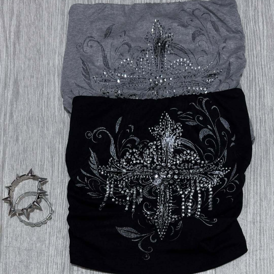 Damen schulterfreies Top mit eleganter Strass-Verzierung Drune