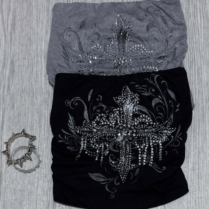 Damen schulterfreies Top mit eleganter Strass-Verzierung Drune