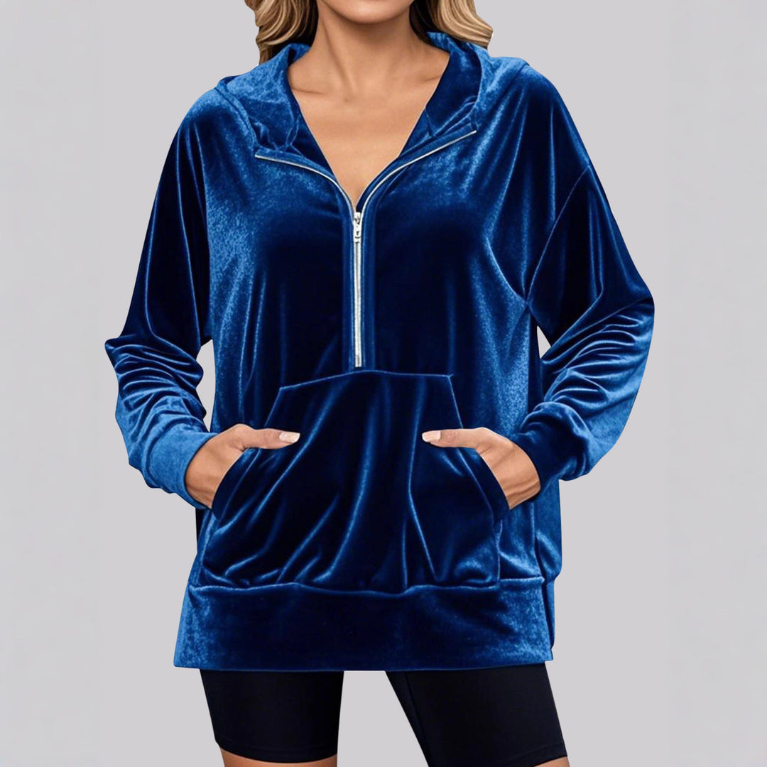 Damen Lässiger Velvet Hoodie mit praktischem Reißverschluss und Kängurutasche Drune