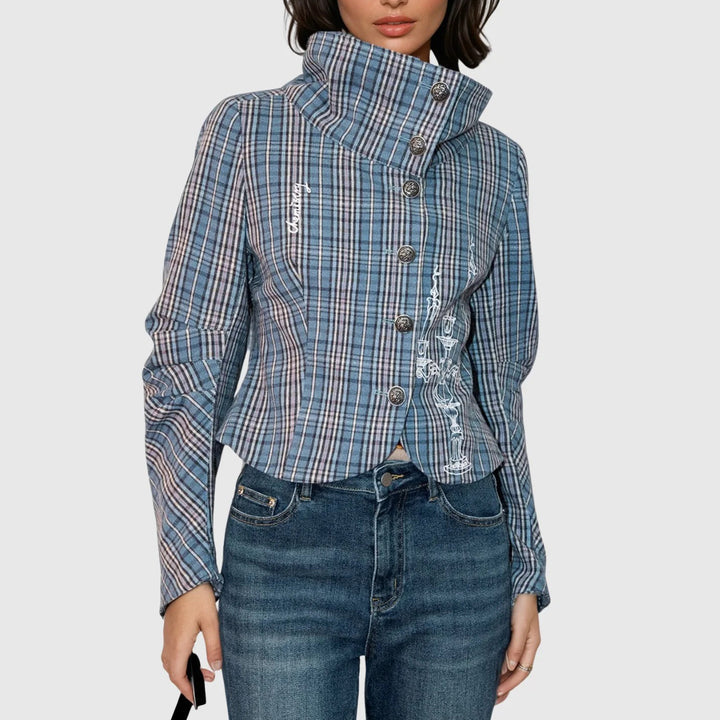 Damen Karierte Kurzjacke mit stilvollen Knöpfen Drune
