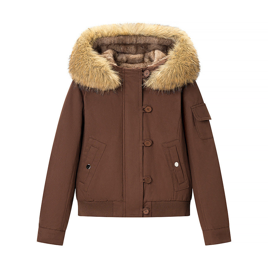 Damen Kurze gefütterte Parka-Jacke mit Kapuze und Kunstfellbesatz Drune