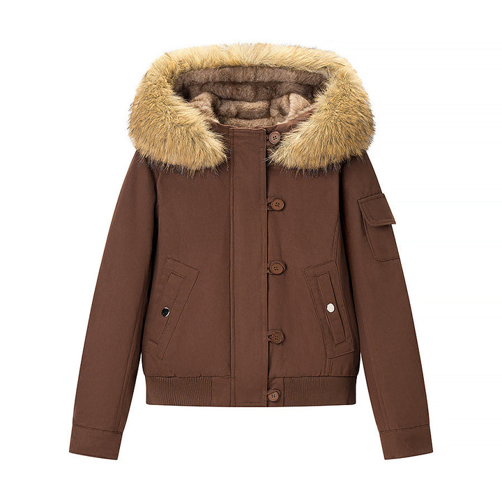 Damen Kurze gefütterte Parka-Jacke mit Kapuze und Kunstfellbesatz Drune