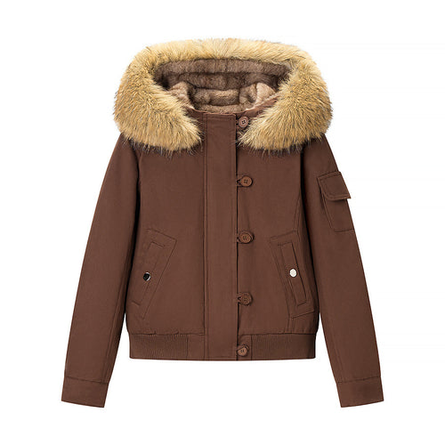 Damen Kurze gefütterte Parka-Jacke mit Kapuze und Kunstfellbesatz Drune