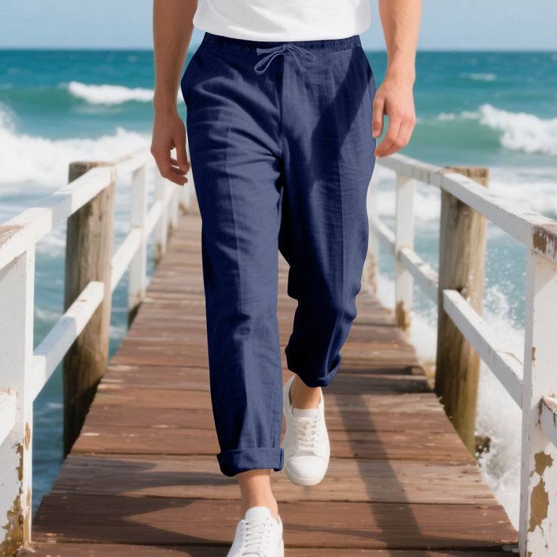 Herren nan strandtaugliche Leinen-Chino-Jogginghose mit Kordelzug und aufgerolltem Saum Drune