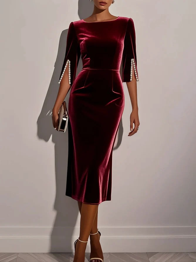 Damen elegantes figurbetontes Samtkleid mit Perlendetails Drune
