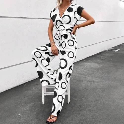 Damen Jumpsuit mit modernem Kreismuster und Taillengürtel Drune
