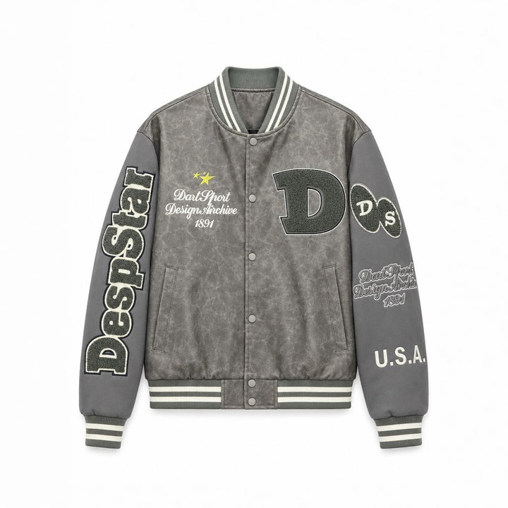 Herren Varsity-Bomberjacke im College-Stil aus Lederimitat mit Applikationen Drune