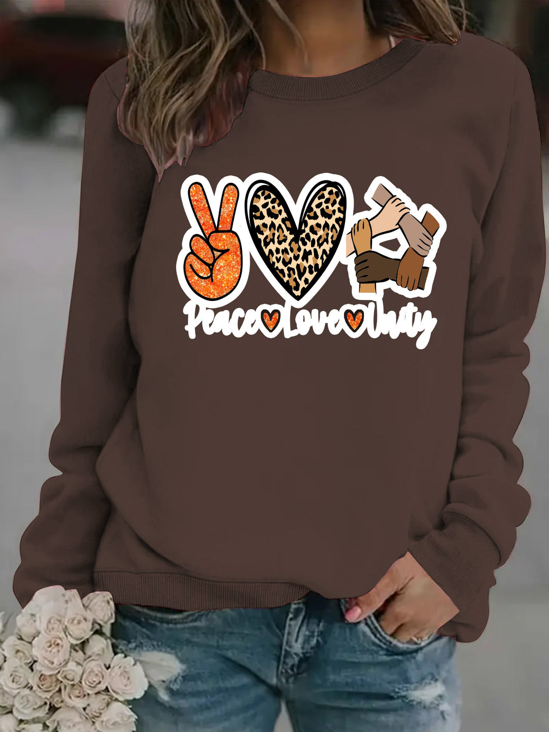 Damen Sweatshirt mit kreativem Peace, Love & Unity Motiv Drune