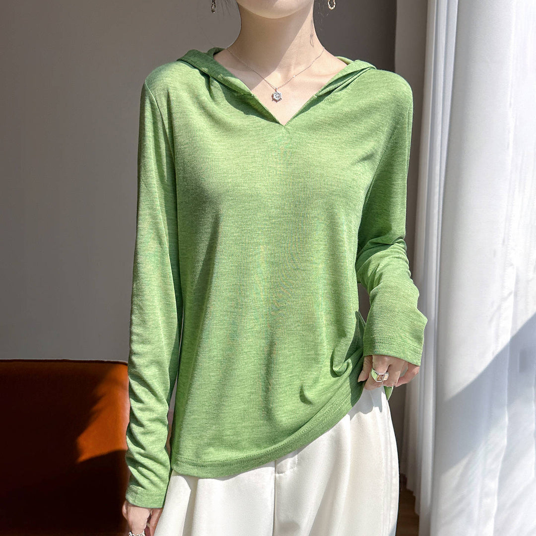 Damen Leichter Kapuzenpullover mit V‑Ausschnitt und feinem Jersey Drune