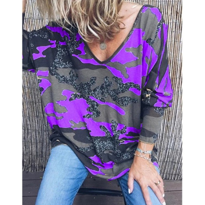 Damen Oversize V‑Ausschnitt Longshirt mit Camouflage‑Print und Glitzerbesatz Drune