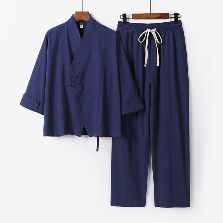 Unisex Leichtes Zen-Lounge-Set im Kimono-Stil mit überschnittener Schulter verdeckter Knotenleiste und elastischer Tunnelzughose Drune