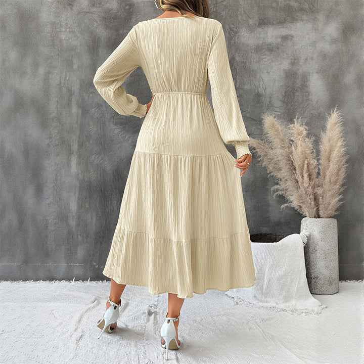 Damen Crinkle-Midikleid mit V-Ausschnitt, Knopfleiste, tailliertem Bindegürtel und Stufenrock Drune