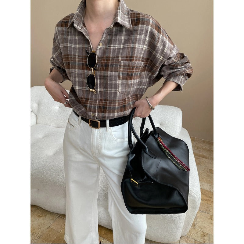 Damen lässige Overshirt-Bluse mit karierter Struktur und bequemen Ärmeln Drune