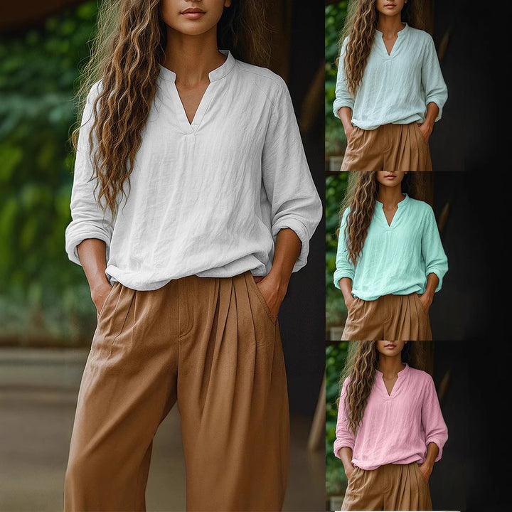 Damen Casual Tunika-Bluse in Leinenoptik mit kleinem Stehkragen und V‑Schlitz Drune