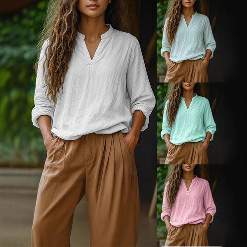 Damen Casual Tunika-Bluse in Leinenoptik mit kleinem Stehkragen und V‑Schlitz Drune
