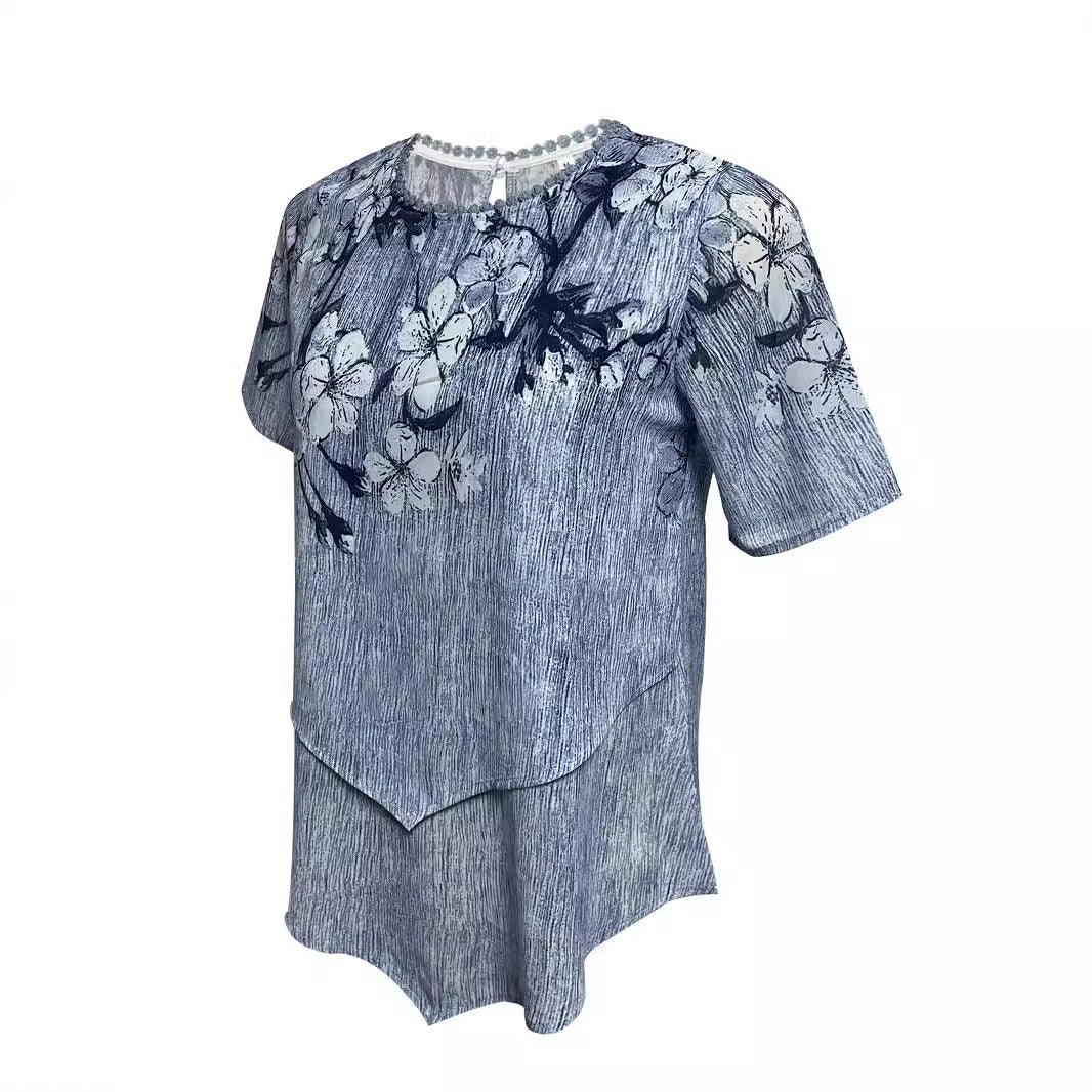 Damen nan zweilagiges Blusenkleid mit asymmetrischem Stufensaum, floraler Druckpasse und Flügelärmeln Drune