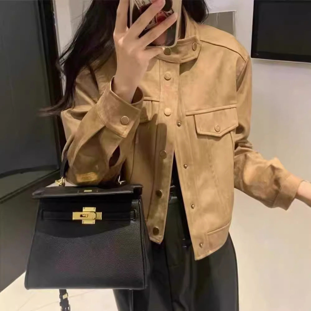 Damen Modische Kurzjacke im Stilmix mit Taschen und Knopfdetails Drune