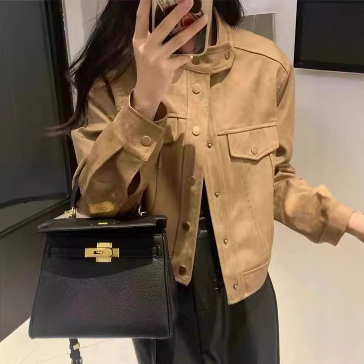 Damen Modische Kurzjacke im Stilmix mit Taschen und Knopfdetails Drune