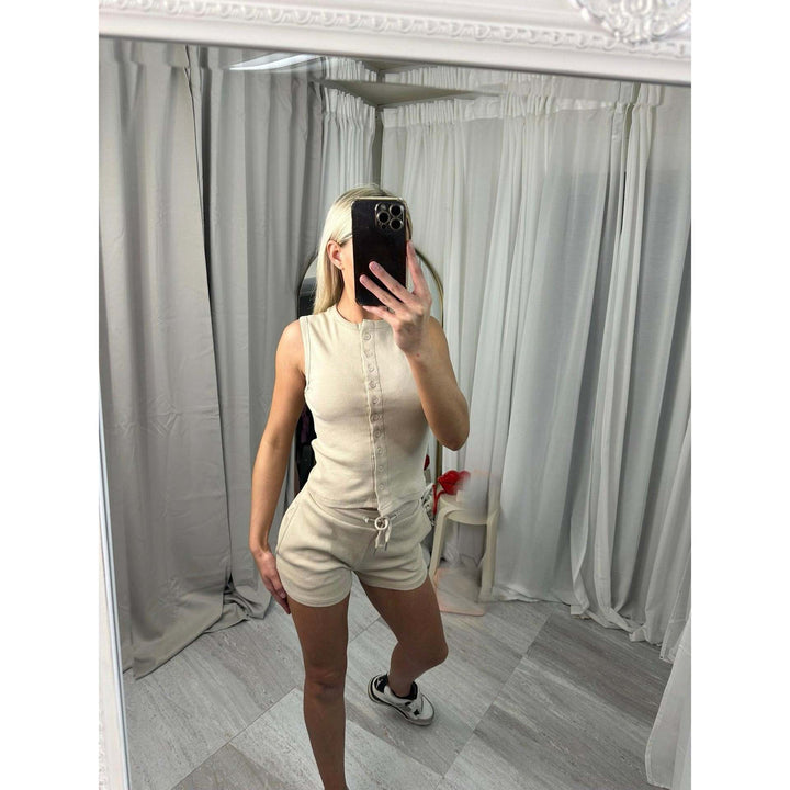 Damen lässiges Kurzoverall-Set mit Knopfverschluss und verstellbarem Taillenzug