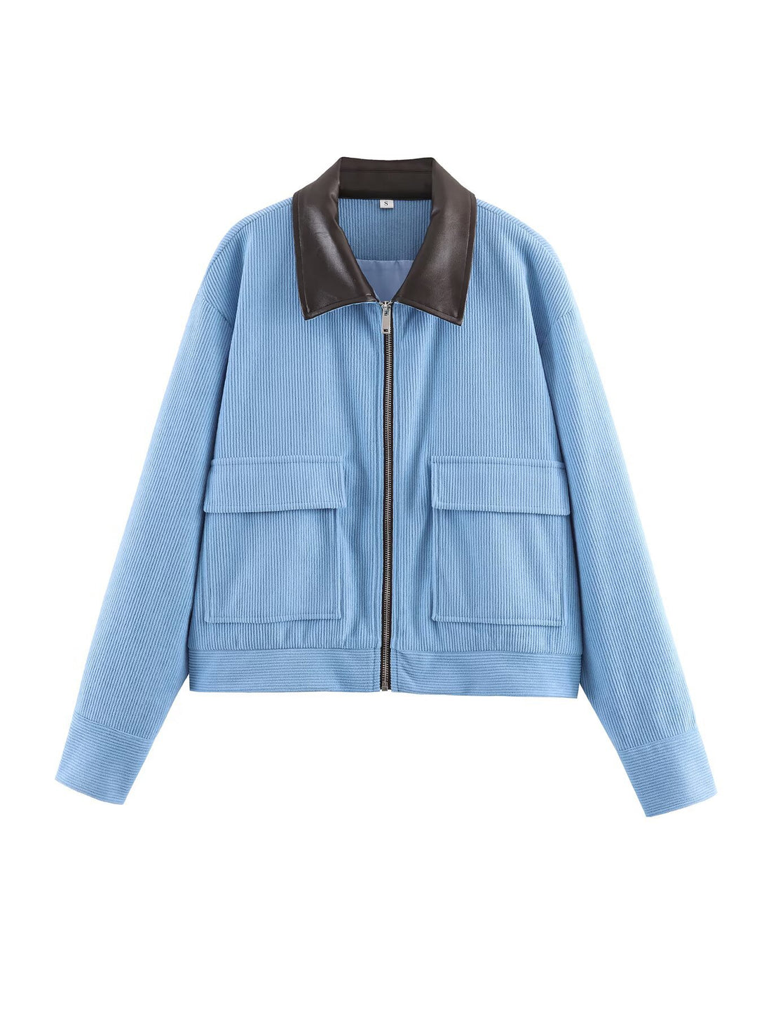 Damen Cropped-Kord-Strickjacke mit markanter Rippenstruktur, Kunstleder-Umlegekragen und Pattentaschen Drune