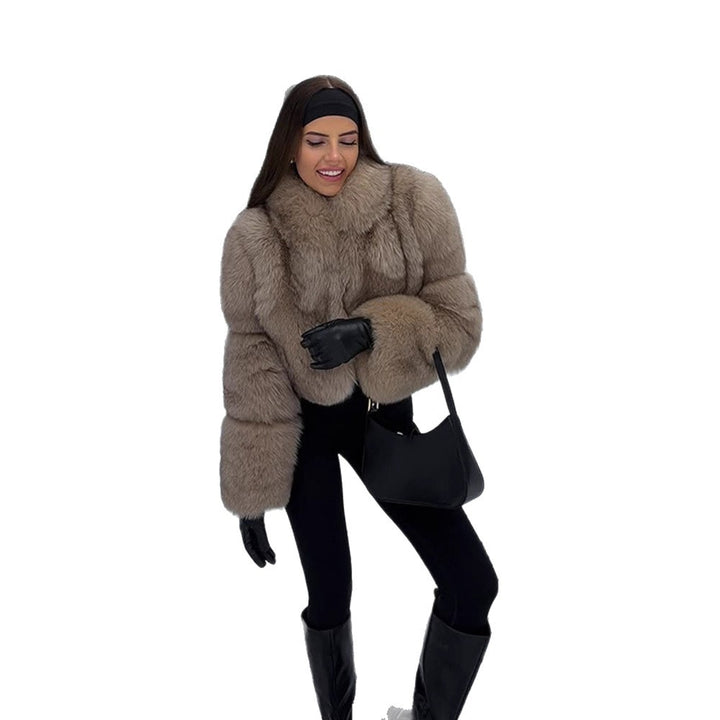 Damen Kurz geschnittener Luxus-Kunstpelzblouson mit voluminösem Schalkragen Drune