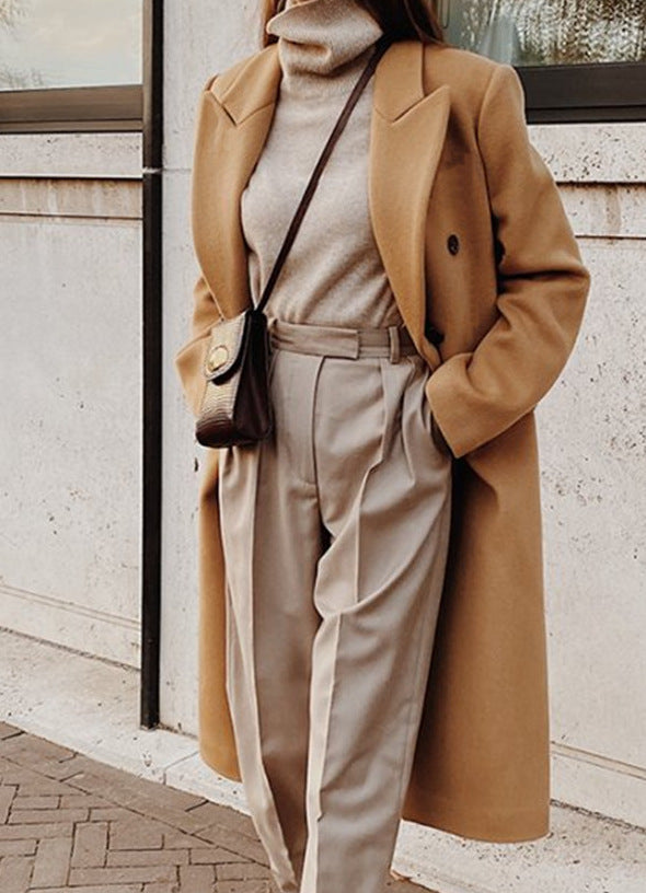 Frauen Doppelreiher Wollmischung Mantel mit oversized Schnitt und breiten Revers Drune