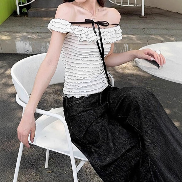 Damen Offshoulder-Bluse mit elegantem Wellenmuster Drune