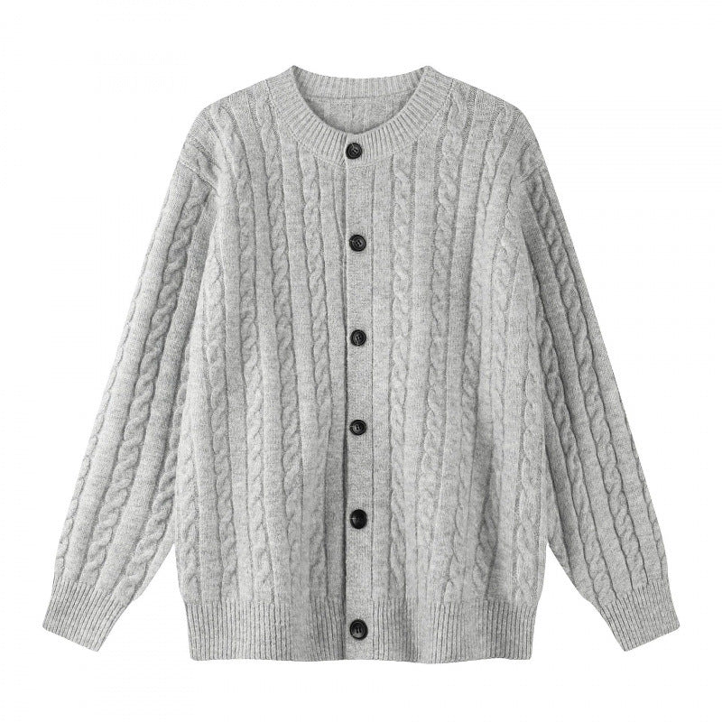 Damen Grobgestrickter Zopf-Strick-Cardigan mit Knopfleiste und Rundhals Drune