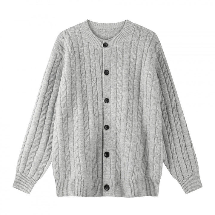 Damen Grobgestrickter Zopf-Strick-Cardigan mit Knopfleiste und Rundhals Drune