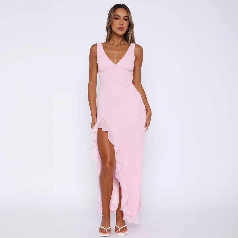 Damen Maxikleid mit tiefem Schlitz und eleganten Rüschendetails Drune