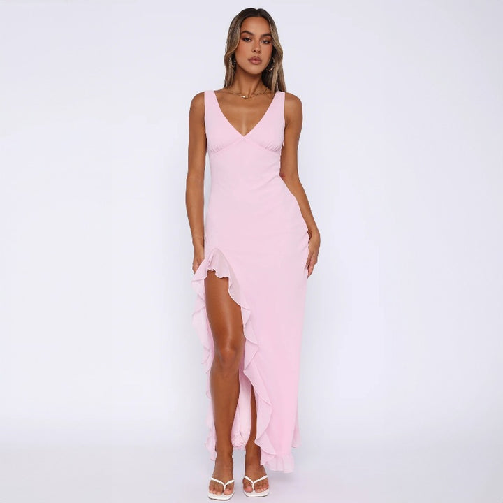 Damen Maxikleid mit tiefem Schlitz und eleganten Rüschendetails Drune