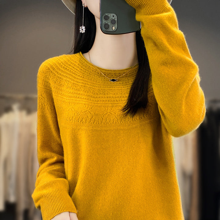 Damen Rundhals-Feinstrickpullover mit strukturierter Passe und Kaschmir-Optik Drune