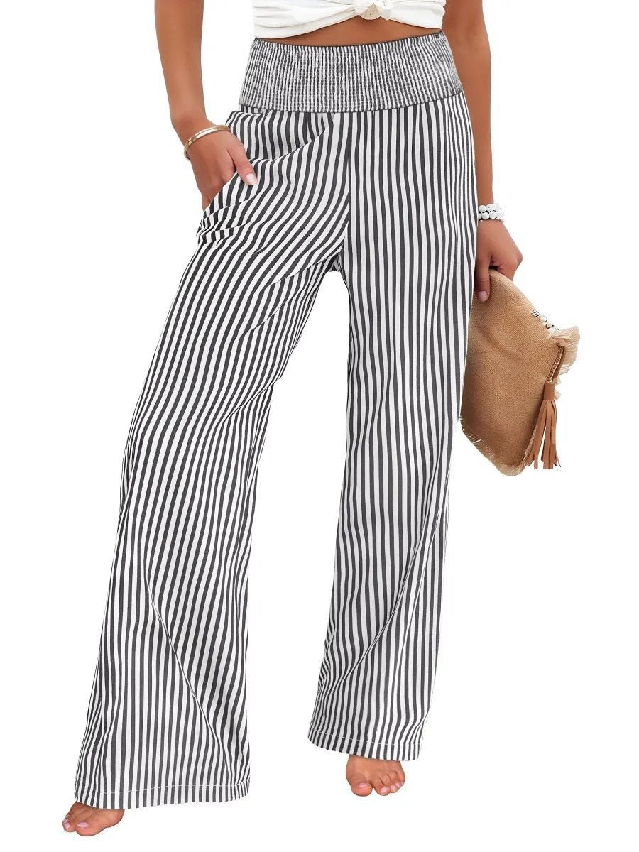 Damen Gestreifte Palazzo-Hose mit hohem, gerafftem Bund und weitem Bein Drune