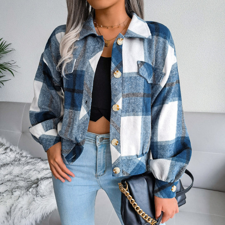 Damen Karo Overshirt mit Druckknopfverschluss und Brusttaschen Drune