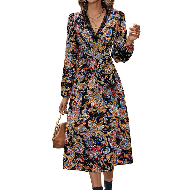 Damen Midikleid mit Paisley-Print, Wickeloptik und Spitzenbesatz Drune