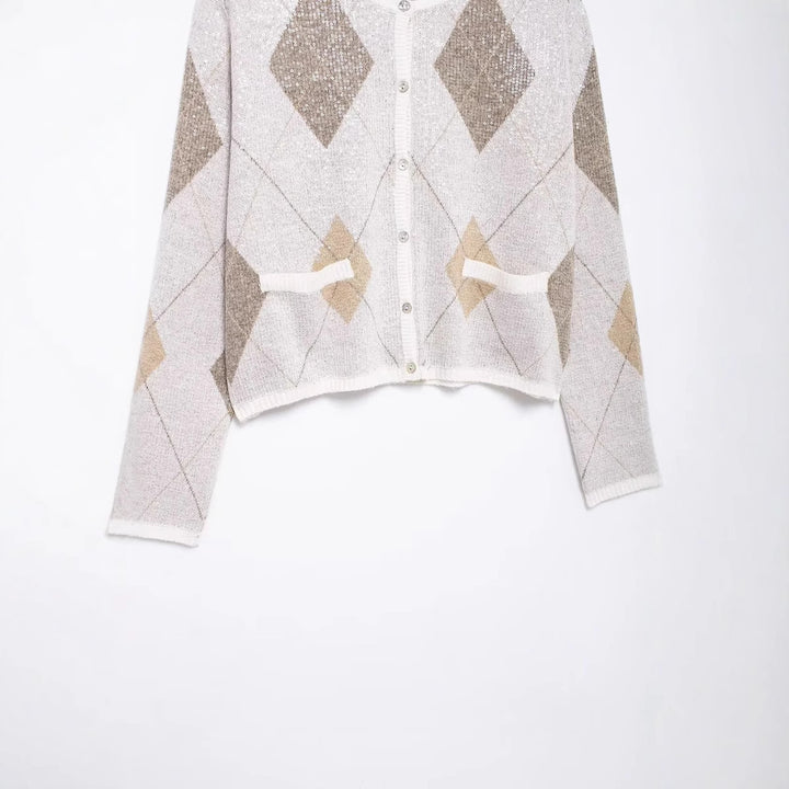 Damen nan kurz geschnittene Strickjacke mit Rauten‑Pailletten und aufgesetzten Taschen Drune