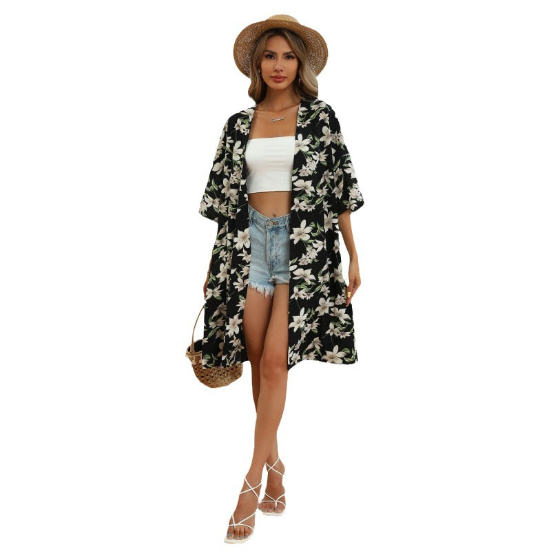 Damen Langer Kimono‑Blütenmantel mit floralem Print, offener Front und 3/4‑Ärmeln Drune