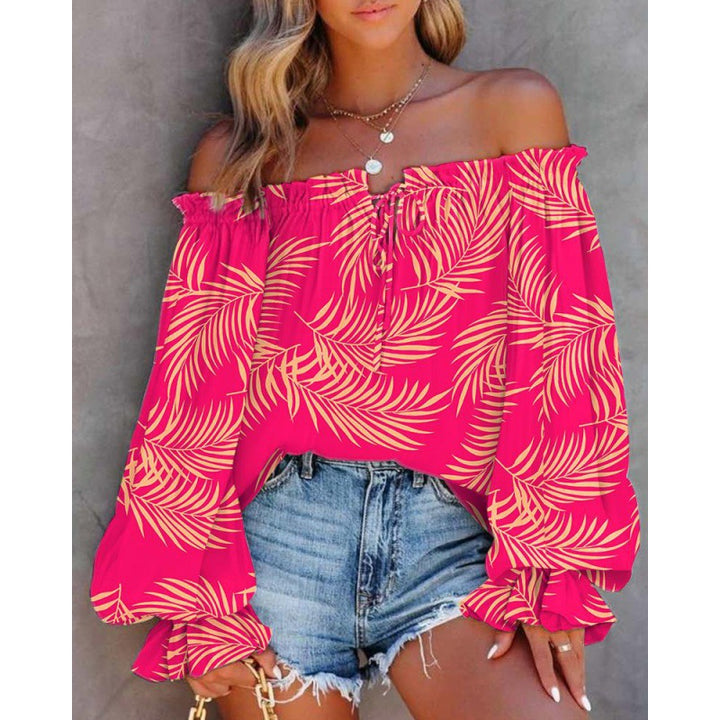 Damen Off-Shoulder Bluse mit buntem Muster und elastischem Saum Drune