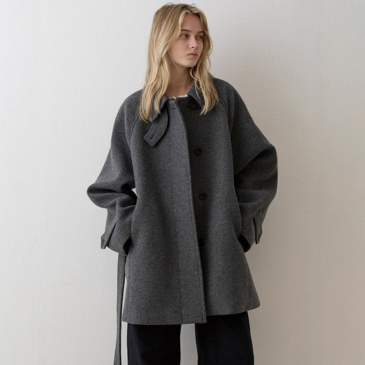 Damen Übergroßer Wollmantel mit hohem Kragen und Gürtel Drune
